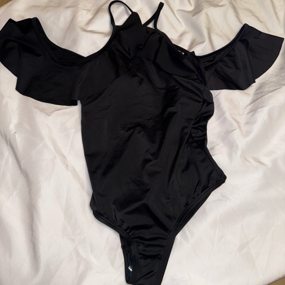 JustFab Black One-Piece Swimsuit with Ruffle Cold-Shoulder open back - Picture 1 of 7
